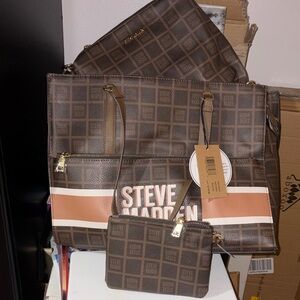 3 pc set. Steve Madden Brown and Tan Logo Tote with Matching Pouch